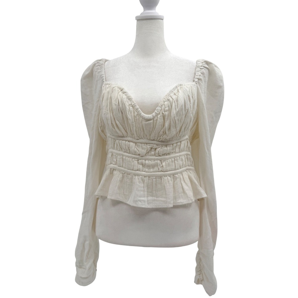 NWT Free People Chloe Smocked Tie Neck Cotton Top Medium White‎ Cream Cottage